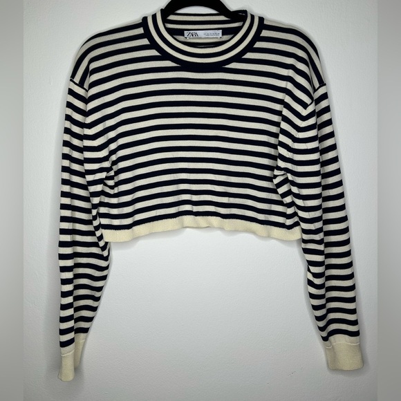 Zara Striped Crop Blue White Knit Size Medium - Picture 3 of 7